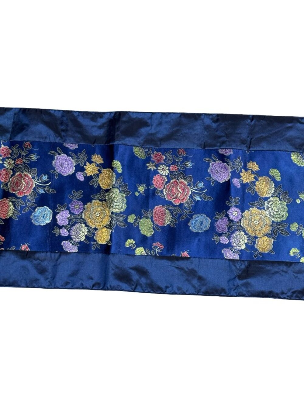 Floral Embroidered Satin Table Runner Oriental Flowers Tassels Blue 78" Long